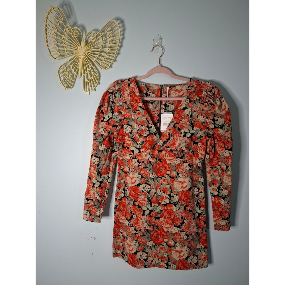 Free People Dark Combo Floral Corduroy Mini Dress V-Neck Long Sleeve SZ 6